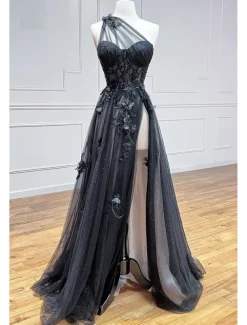 A-Line Black Prom Dresses Color Block Dress Formal Wedding Guest Sweep / Brush Train Sleeveless One Shoulder Tulle Backless with Pleats Appliques Masquerade Dress