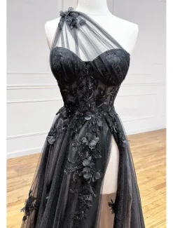 A-Line Black Prom Dresses Color Block Dress Formal Wedding Guest Sweep / Brush Train Sleeveless One Shoulder Tulle Backless with Pleats Appliques Masquerade Dress