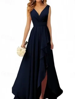 A-Line Bridesmaid Dress V Neck Sleeveless Elegant Floor Length Chiffon with Ruffles / Split Front / Ruching 2022