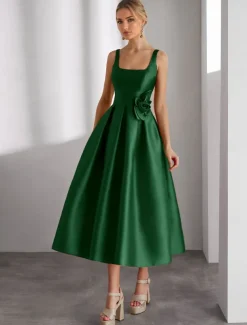 A-Line Cocktail Dresses Beach Wedding Elegant Dress Formal Wedding Tea Length Sleeveless Square Neck Satin with Glitter Slit Shouder Flower Dresses