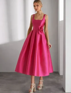 A-Line Cocktail Dresses Beach Wedding Elegant Dress Formal Wedding Tea Length Sleeveless Square Neck Satin with Glitter Slit Shouder Flower Dresses