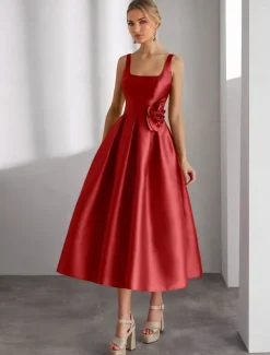 A-Line Cocktail Dresses Beach Wedding Elegant Dress Formal Wedding Tea Length Sleeveless Square Neck Satin with Glitter Slit Shouder Flower Dresses