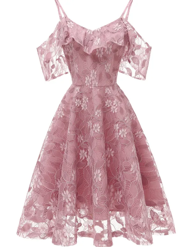 A-Line Cocktail Dresses Beach Wedding Elegant Dress Wedding Guest Graduation Knee Length Short Sleeve Spaghetti Strap Lace with Lace Insert Pattern / Print dress to impress