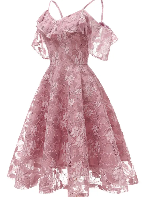 A-Line Cocktail Dresses Beach Wedding Elegant Dress Wedding Guest Graduation Knee Length Short Sleeve Spaghetti Strap Lace with Lace Insert Pattern / Print dress to impress
