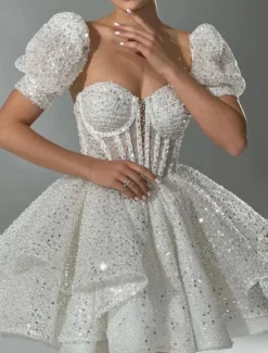 A-Line Cocktail Dresses Corsets Dress Wedding Guest Birthday Short / Mini Short Sleeve Square Neck Sequined with Pearls Sequin