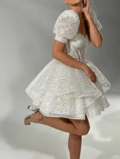 A-Line Cocktail Dresses Corsets Dress Wedding Guest Birthday Short / Mini Short Sleeve Square Neck Sequined with Pearls Sequin