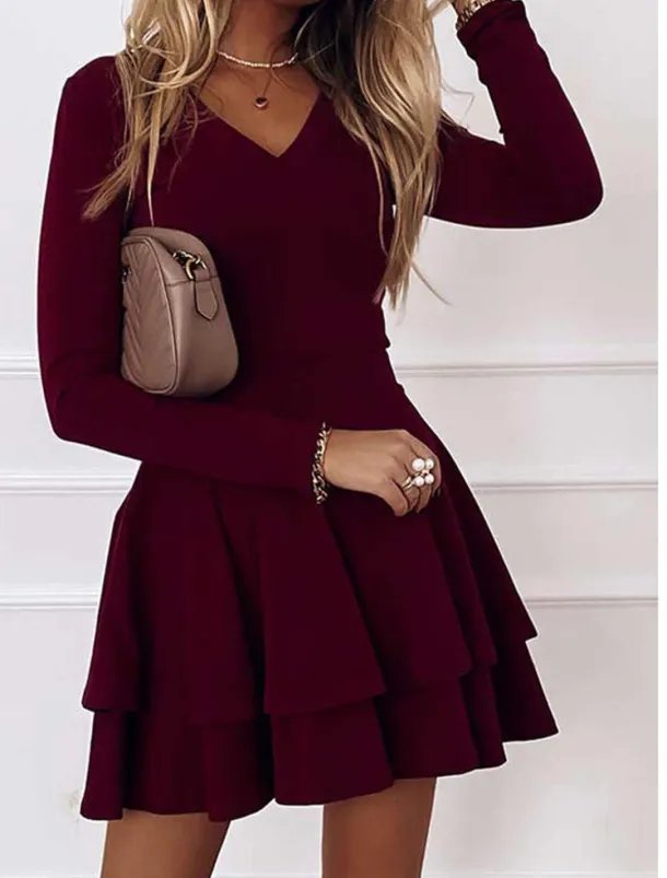 A-Line Cocktail Dresses Dress Wedding Guest Homecoming Short / Mini Long Sleeve V Neck Spandex with Pleats Pure Color dress to impress