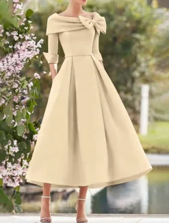 A-Line Cocktail Dresses Elegant Dress Formal Wedding Guest Tea Length 3/4 Length Sleeve Square Neck Pocket Satin with Bow(s) Pocket