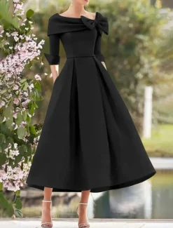 A-Line Cocktail Dresses Elegant Dress Formal Wedding Guest Tea Length 3/4 Length Sleeve Square Neck Pocket Satin with Bow(s) Pocket