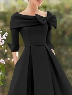 A-Line Cocktail Dresses Elegant Dress Formal Wedding Guest Tea Length 3/4 Length Sleeve Square Neck Pocket Satin with Bow(s) Pocket