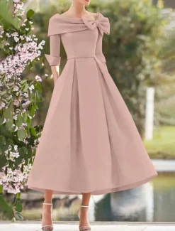 A-Line Cocktail Dresses Elegant Dress Formal Wedding Guest Tea Length 3/4 Length Sleeve Square Neck Pocket Satin with Bow(s) Pocket