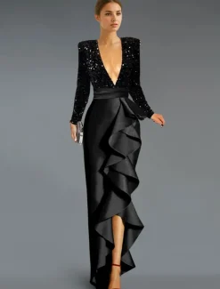 A-Line Cocktail Dresses Elegant Dress Formal Asymmetrical Long Sleeve V Neck Belt / Sash Sequined with Ruffles Slit Dresses