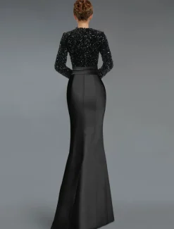 A-Line Cocktail Dresses Elegant Dress Formal Asymmetrical Long Sleeve V Neck Belt / Sash Sequined with Ruffles Slit Dresses