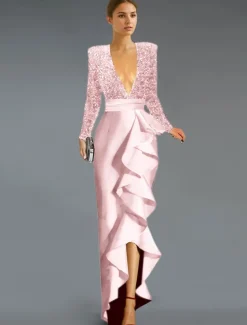 A-Line Cocktail Dresses Elegant Dress Formal Asymmetrical Long Sleeve V Neck Belt / Sash Sequined with Ruffles Slit Dresses