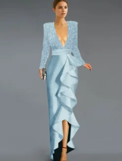 A-Line Cocktail Dresses Elegant Dress Formal Asymmetrical Long Sleeve V Neck Belt / Sash Sequined with Ruffles Slit Dresses