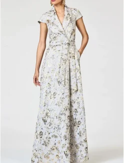 A-Line Cocktail Dresses Elegant Dress Formal Wedding Floor Length Short Sleeve Lapel Pocket Nylon with Bow(s) Slit Pocket 2025