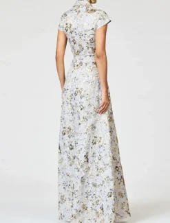 A-Line Cocktail Dresses Elegant Dress Formal Wedding Floor Length Short Sleeve Lapel Pocket Nylon with Bow(s) Slit Pocket 2025