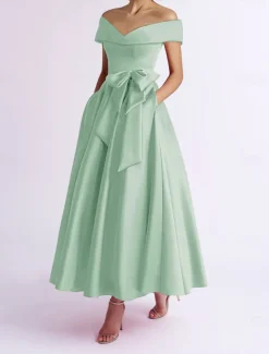 A-Line Cocktail Dresses Elegant Dress Wedding Guest Kentucky Tea Length Short Sleeve Off Shoulder Pocket Satin with Bow(s) Dresses