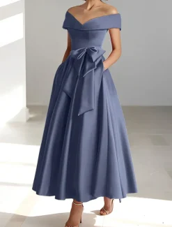 A-Line Cocktail Dresses Elegant Dress Wedding Guest Kentucky Tea Length Short Sleeve Off Shoulder Pocket Satin with Bow(s) Dresses