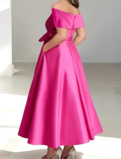 A-Line Cocktail Dresses Elegant Dress Wedding Guest Kentucky Tea Length Short Sleeve Off Shoulder Pocket Satin with Bow(s) Dresses