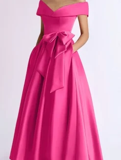 A-Line Cocktail Dresses Elegant Dress Wedding Guest Kentucky Tea Length Short Sleeve Off Shoulder Pocket Satin with Bow(s) Dresses