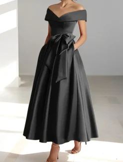 A-Line Cocktail Dresses Elegant Dress Wedding Guest Kentucky Tea Length Short Sleeve Off Shoulder Pocket Satin with Bow(s) Dresses