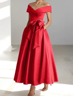 A-Line Cocktail Dresses Elegant Dress Wedding Guest Kentucky Tea Length Short Sleeve Off Shoulder Pocket Satin with Bow(s) Dresses