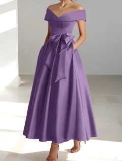 A-Line Cocktail Dresses Elegant Dress Wedding Guest Kentucky Tea Length Short Sleeve Off Shoulder Pocket Satin with Bow(s) Dresses