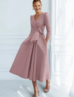 A-Line Cocktail Dresses Elegant Dress Formal Ankle Length 3/4 Length Sleeve V Neck Pocket with Bow(s) Ruched Dresses