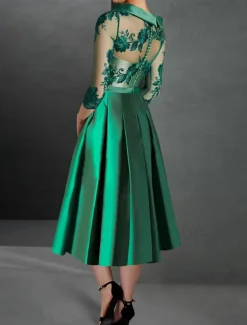 A-Line Cocktail Dresses Elegant Dress Formal Kentucky Tea Length 3/4 Length Sleeve Jewel Neck Fall Wedding Guest Satin with Pleats Appliques Dresses