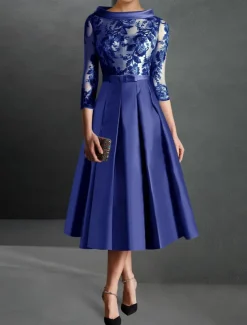 A-Line Cocktail Dresses Elegant Dress Formal Kentucky Tea Length 3/4 Length Sleeve Jewel Neck Fall Wedding Guest Satin with Pleats Appliques Dresses