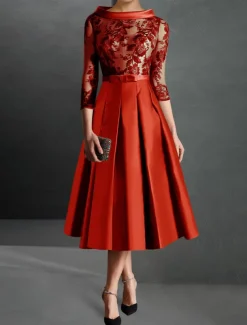 A-Line Cocktail Dresses Elegant Dress Formal Kentucky Tea Length 3/4 Length Sleeve Jewel Neck Fall Wedding Guest Satin with Pleats Appliques Dresses