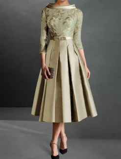 A-Line Cocktail Dresses Elegant Dress Formal Kentucky Tea Length 3/4 Length Sleeve Jewel Neck Fall Wedding Guest Satin with Pleats Appliques Dresses