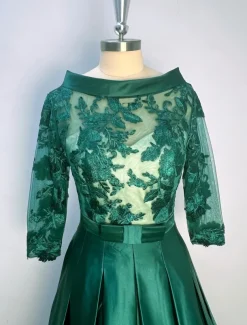 A-Line Cocktail Dresses Elegant Dress Formal Kentucky Tea Length 3/4 Length Sleeve Jewel Neck Fall Wedding Guest Satin with Pleats Appliques Dresses