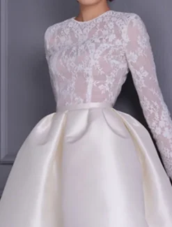 A-Line Cocktail Dresses Elegant Dress Wedding Party Birthday Knee Length Long Sleeve Jewel Neck Fall Wedding Guest Satin with Appliques Splicing