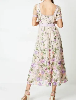 A-Line Cocktail Dresses Elegant Dress Semi Formal Wedding Tea Length Short Sleeve Crew Neck Lace with Floral Embroidery