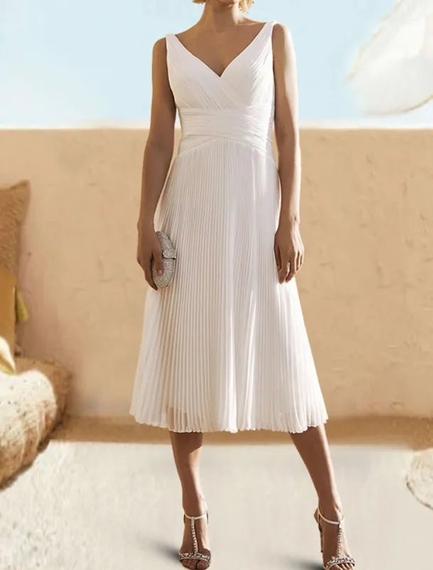 A-Line Cocktail Dresses Elegant Dress Formal Wedding Guest Tea Length Sleeveless V Neck Chiffon with Ruched Pure Color Dresses