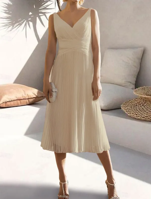 A-Line Cocktail Dresses Elegant Dress Formal Wedding Guest Tea Length Sleeveless V Neck Chiffon with Ruched Pure Color Dresses