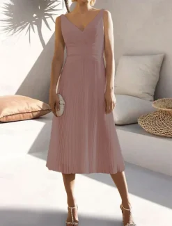 A-Line Cocktail Dresses Elegant Dress Formal Wedding Guest Tea Length Sleeveless V Neck Chiffon with Ruched Pure Color Dresses