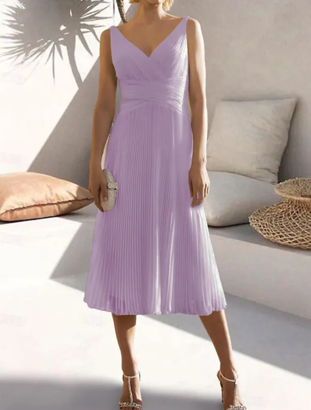 A-Line Cocktail Dresses Elegant Dress Formal Wedding Guest Tea Length Sleeveless V Neck Chiffon with Ruched Pure Color Dresses