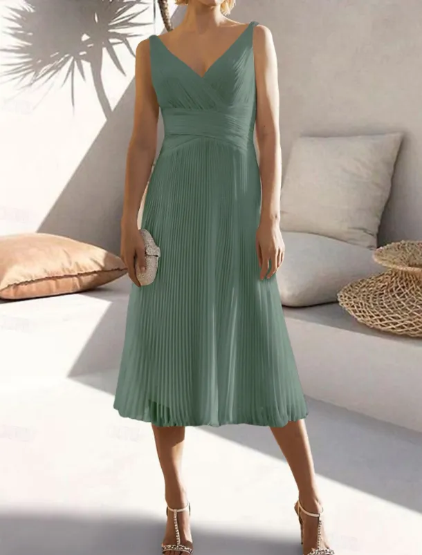 A-Line Cocktail Dresses Elegant Dress Formal Wedding Guest Tea Length Sleeveless V Neck Chiffon with Ruched Pure Color Dresses