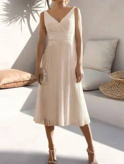 A-Line Cocktail Dresses Elegant Dress Formal Wedding Guest Tea Length Sleeveless V Neck Chiffon with Ruched Pure Color Dresses