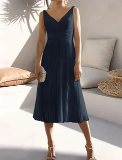 A-Line Cocktail Dresses Elegant Dress Formal Wedding Guest Tea Length Sleeveless V Neck Chiffon with Ruched Pure Color Dresses