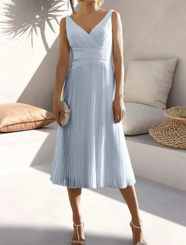 A-Line Cocktail Dresses Elegant Dress Formal Wedding Guest Tea Length Sleeveless V Neck Chiffon with Ruched Pure Color Dresses