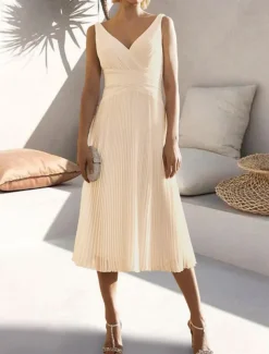 A-Line Cocktail Dresses Elegant Dress Formal Wedding Guest Tea Length Sleeveless V Neck Chiffon with Ruched Pure Color Dresses