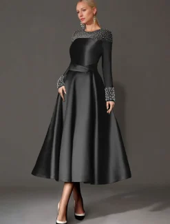 A-Line Cocktail Dresses Elegant Dress Formal Tea Length Long Sleeve Jewel Neck Satin with Pearls Dresses