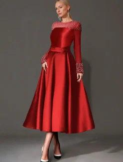 A-Line Cocktail Dresses Elegant Dress Formal Tea Length Long Sleeve Jewel Neck Satin with Pearls Dresses