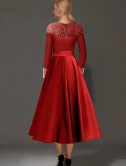 A-Line Cocktail Dresses Elegant Dress Formal Tea Length Long Sleeve Jewel Neck Satin with Pearls Dresses