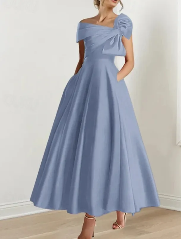 A-Line Cocktail Dresses Elegant Dress Formal Wedding Guest Ankle Length Short Sleeve One ShoulderDress Satin with Bow(s)