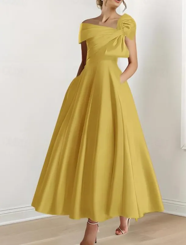 A-Line Cocktail Dresses Elegant Dress Formal Wedding Guest Ankle Length Short Sleeve One ShoulderDress Satin with Bow(s)
